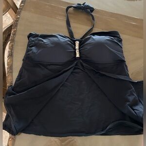 Black tankini top with silver decor and center tie. Size 16